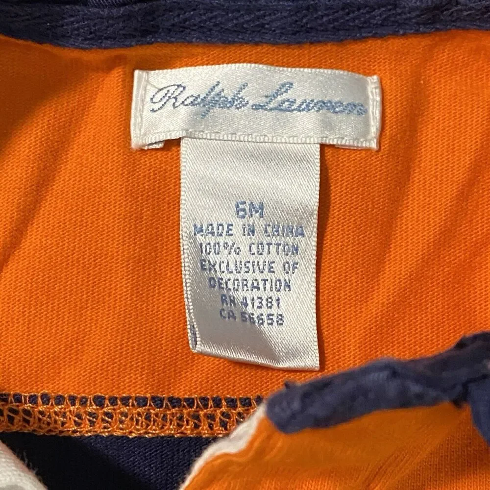 RALPH LAUREN Baby Boy 6 Months Orange Blue Striped Cotton Rugby Coverall Romper